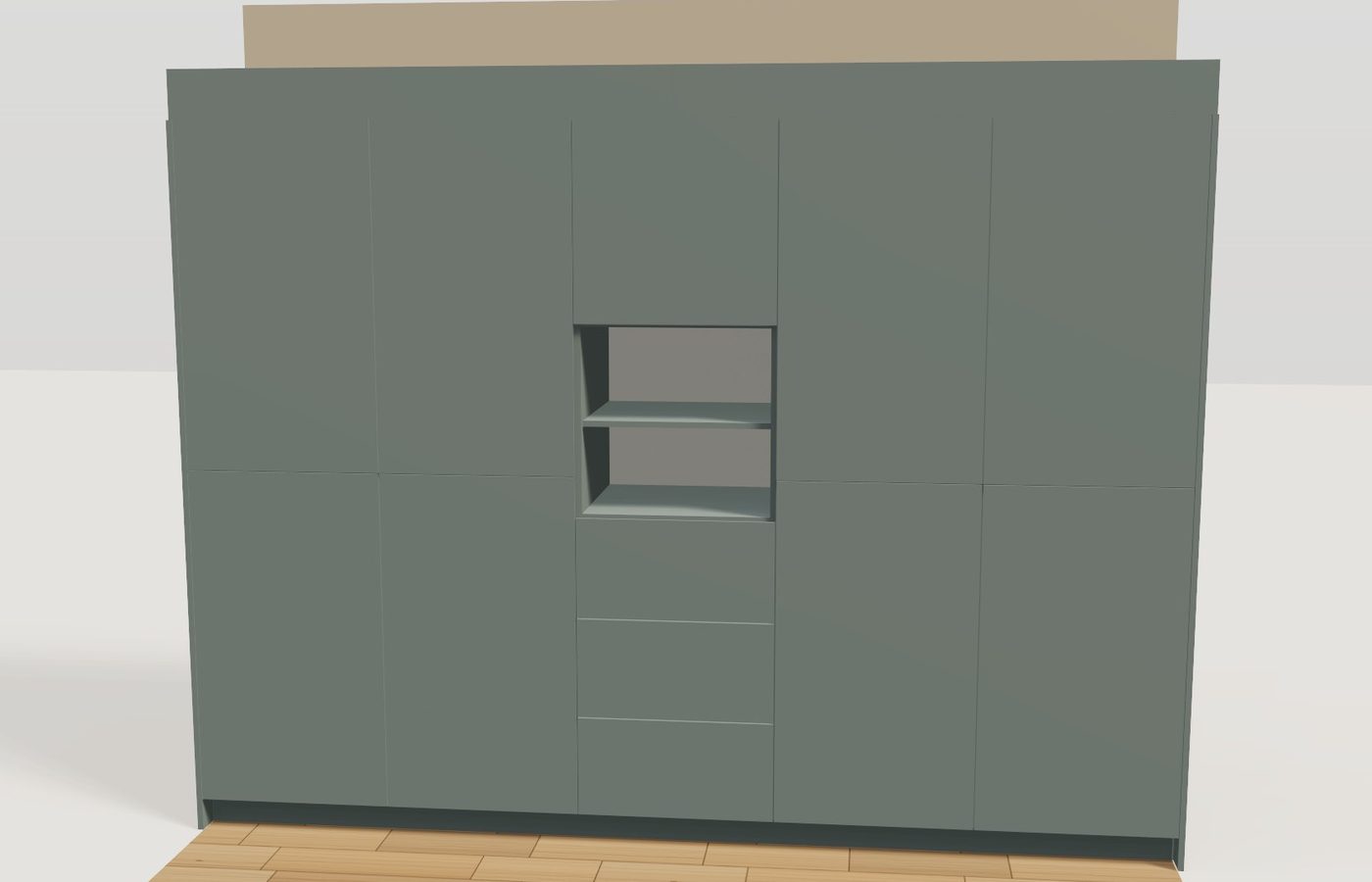 Kastenwand met een open vak, lades en een koof erop