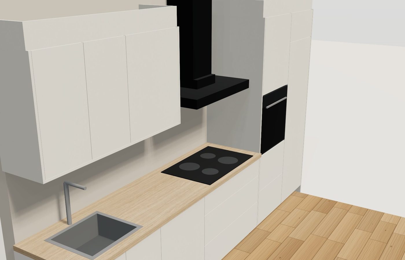 Keuken langs één wand met hoge kasten voor oven en koelkast